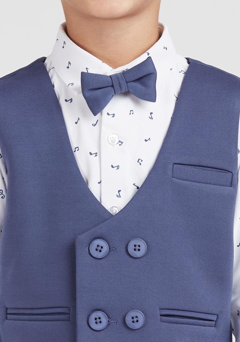 Blue Printed Lycra Nehru Jacket Set For Boy
