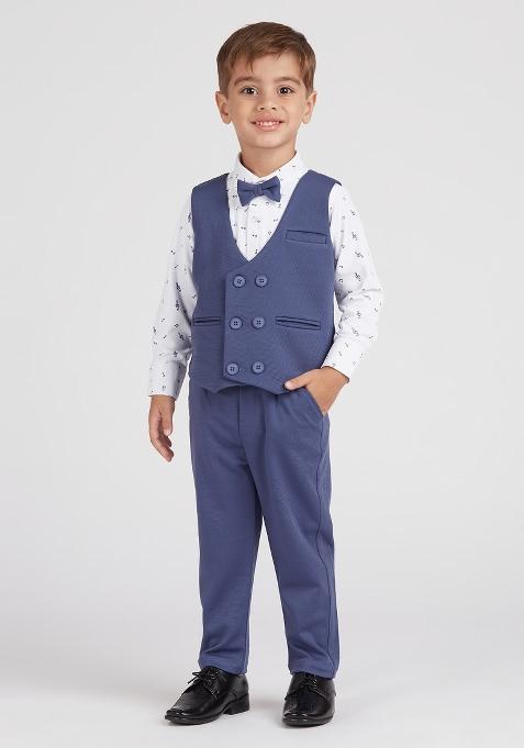 Blue Printed Lycra Nehru Jacket Set For Boy