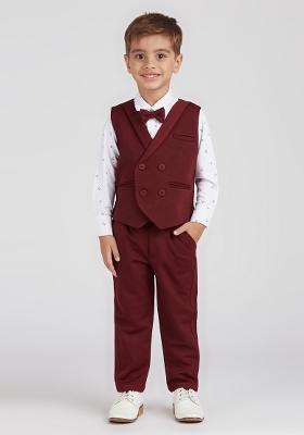 Maroon Printed Lycra Nehru Jacket Set For Boy