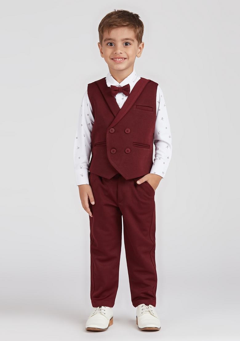 Maroon Printed Lycra Nehru Jacket Set For Boy