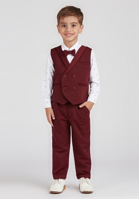 Maroon Printed Lycra Nehru Jacket Set For Boy