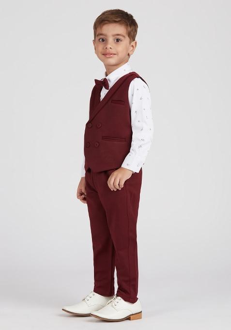 Maroon Printed Lycra Nehru Jacket Set For Boy