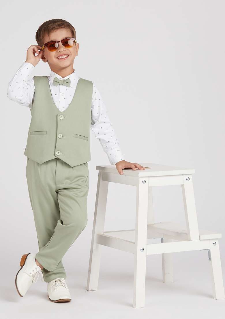 Olive Green Printed Lycra Nehru Jacket Set For Boy - Indya