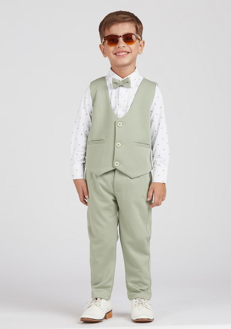 Olive Green Printed Lycra Nehru Jacket Set For Boy