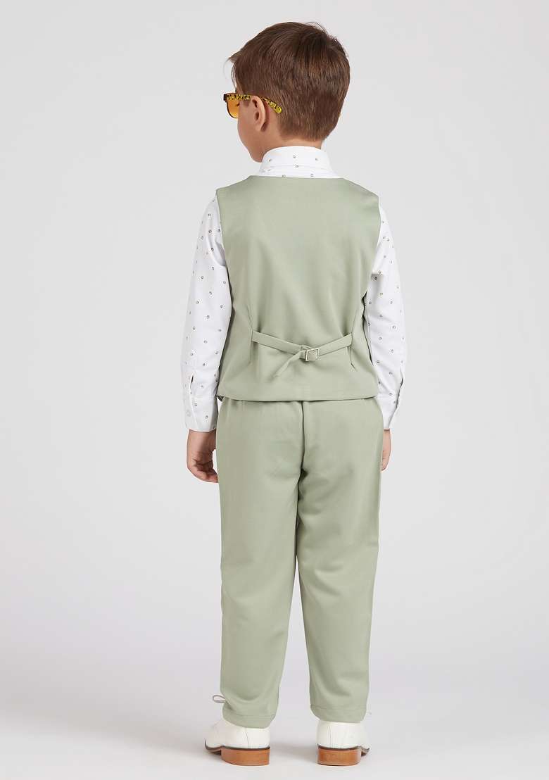 Olive Green Printed Lycra Nehru Jacket Set For Boy - Indya