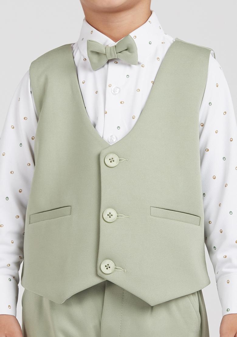 Olive Green Printed Lycra Nehru Jacket Set For Boy