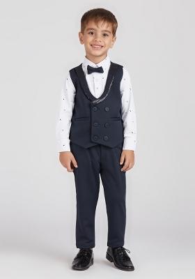 Navy Blue Printed Lycra Nehru Jacket Set For Boy