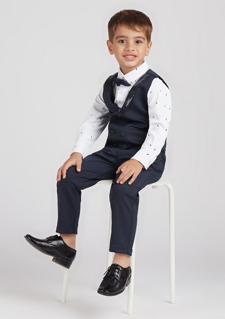 Navy Blue Printed Lycra Nehru Jacket Set For Boy