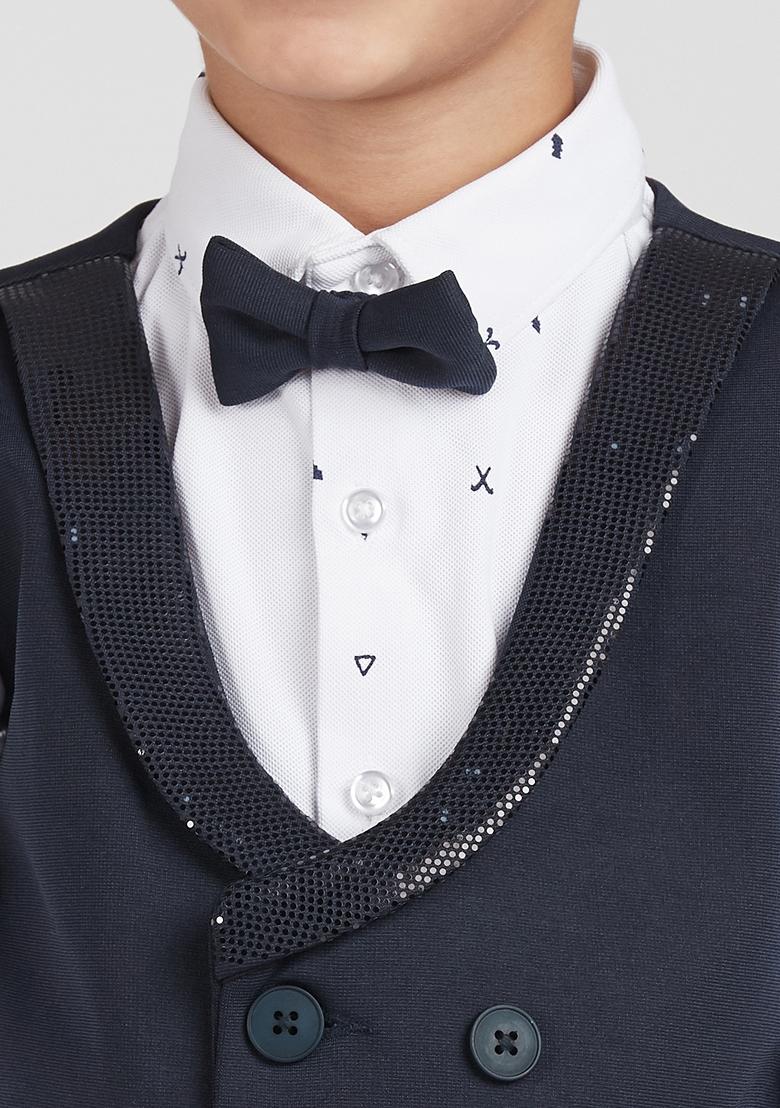 Navy Blue Printed Lycra Nehru Jacket Set For Boy