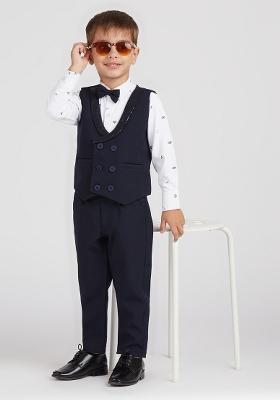 Navy Blue Printed Lycra Nehru Jacket Set For Boy