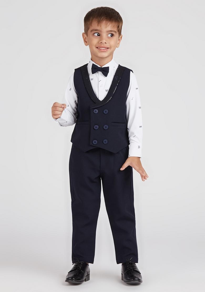 Navy Blue Printed Lycra Nehru Jacket Set For Boy