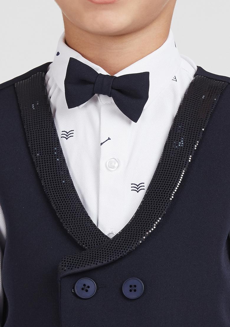 Navy Blue Printed Lycra Nehru Jacket Set For Boy