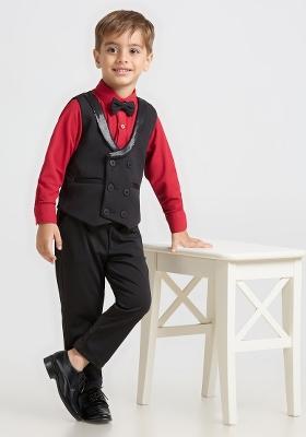 Black And Red Printed Lycra Nehru Jacket Set For Boy