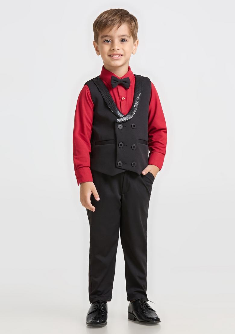 Black And Red Printed Lycra Nehru Jacket Set For Boy