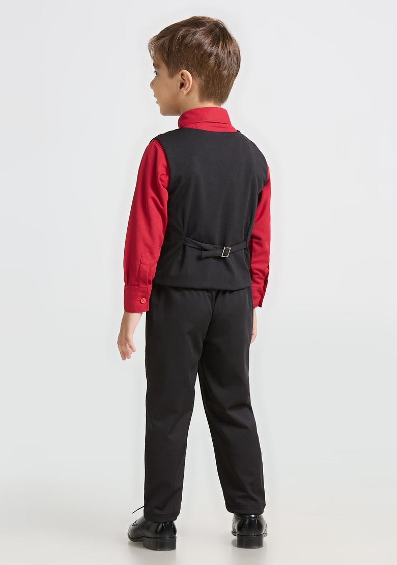 Black And Red Printed Lycra Nehru Jacket Set For Boy
