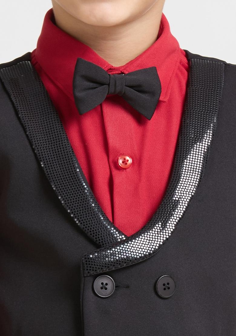 Black And Red Printed Lycra Nehru Jacket Set For Boy