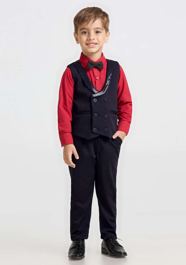 Blue And Red Printed Lycra Nehru Jacket Set For Boy - Indya