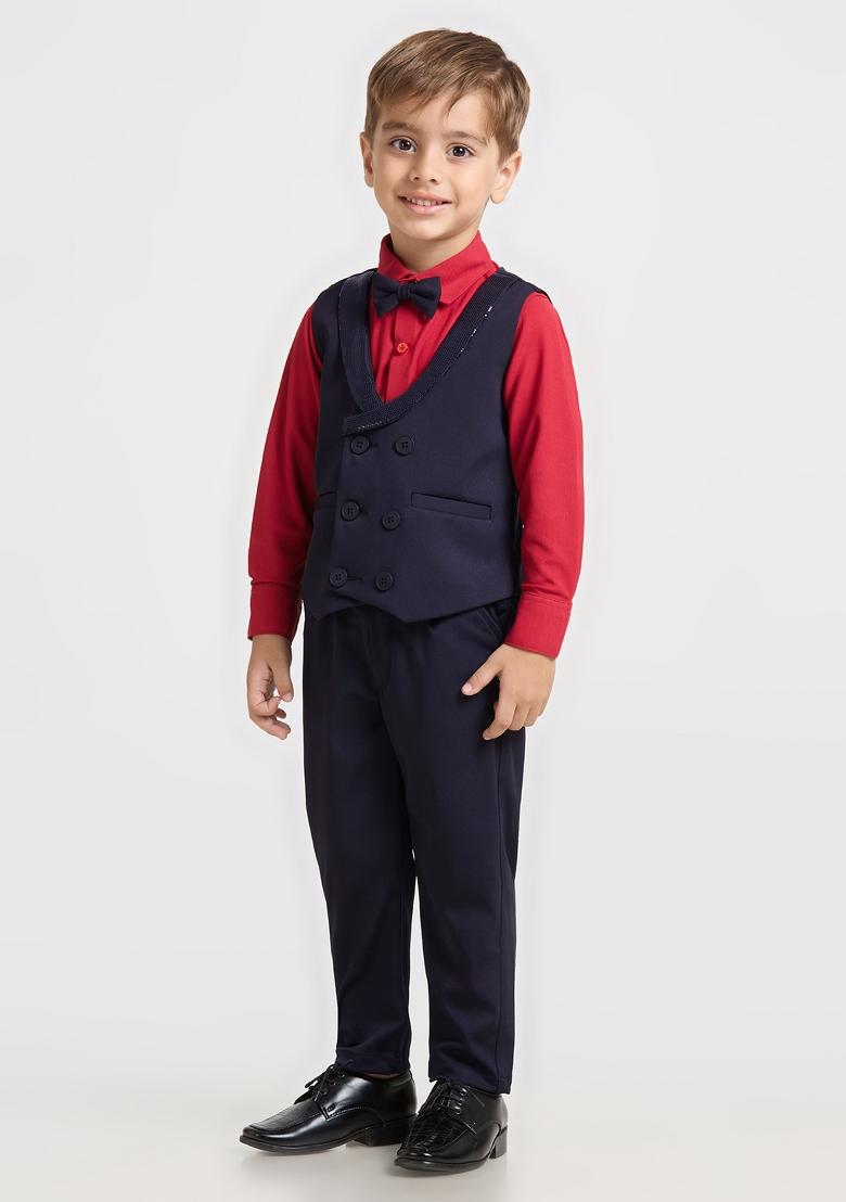 Blue And Red Printed Lycra Nehru Jacket Set For Boy