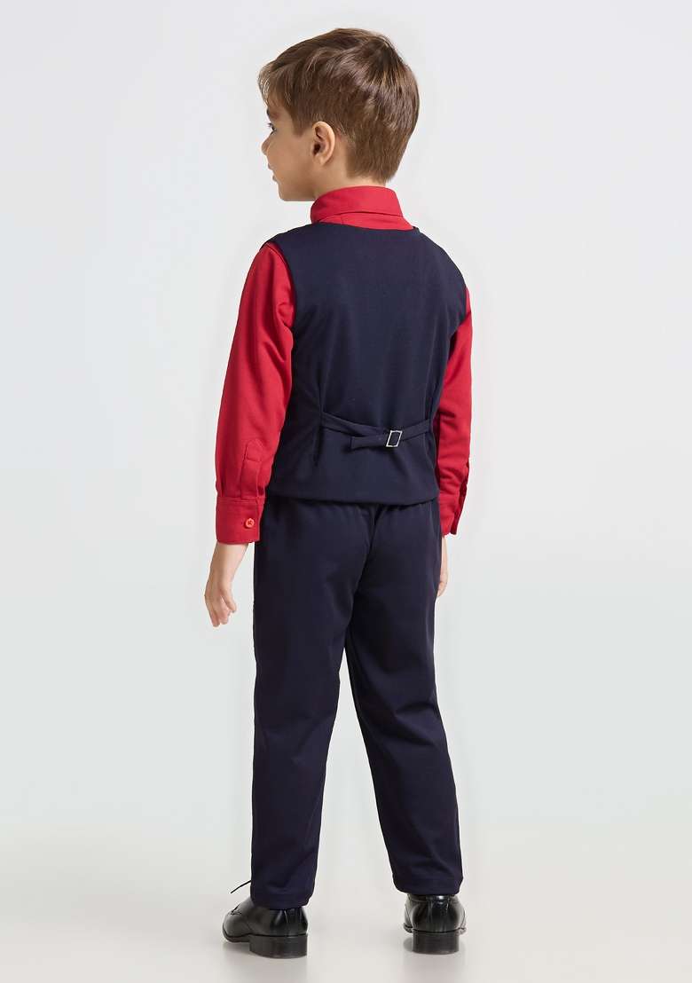 Blue And Red Printed Lycra Nehru Jacket Set For Boy - Indya