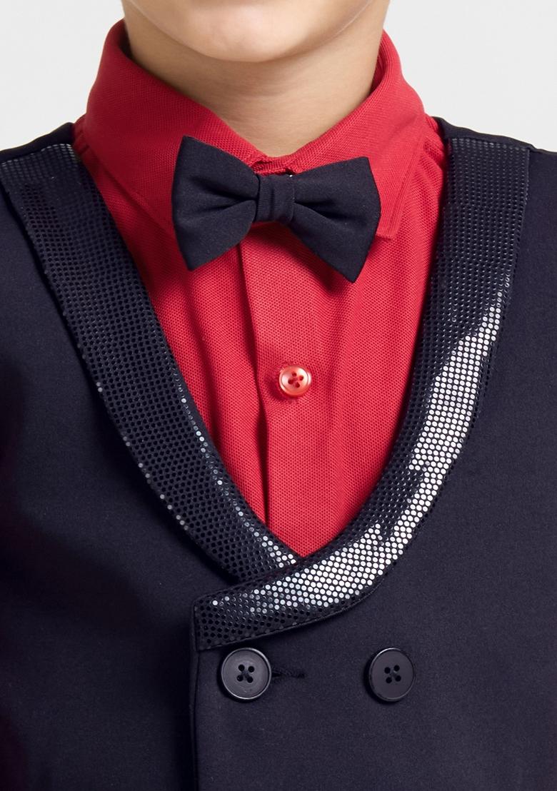 Blue And Red Printed Lycra Nehru Jacket Set For Boy