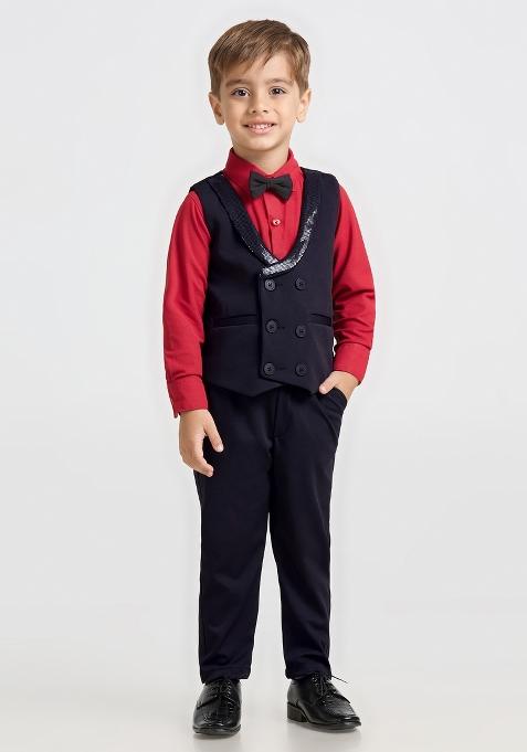 Blue And Red Printed Lycra Nehru Jacket Set For Boy