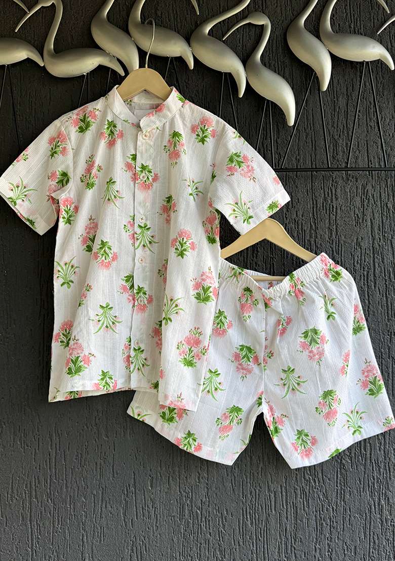 Off Floral Print Summer Shirt Shorts For Boys - Indya
