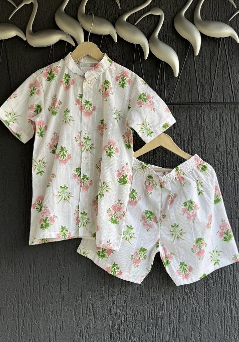Off Floral Print Summer Shirt Shorts For Boys