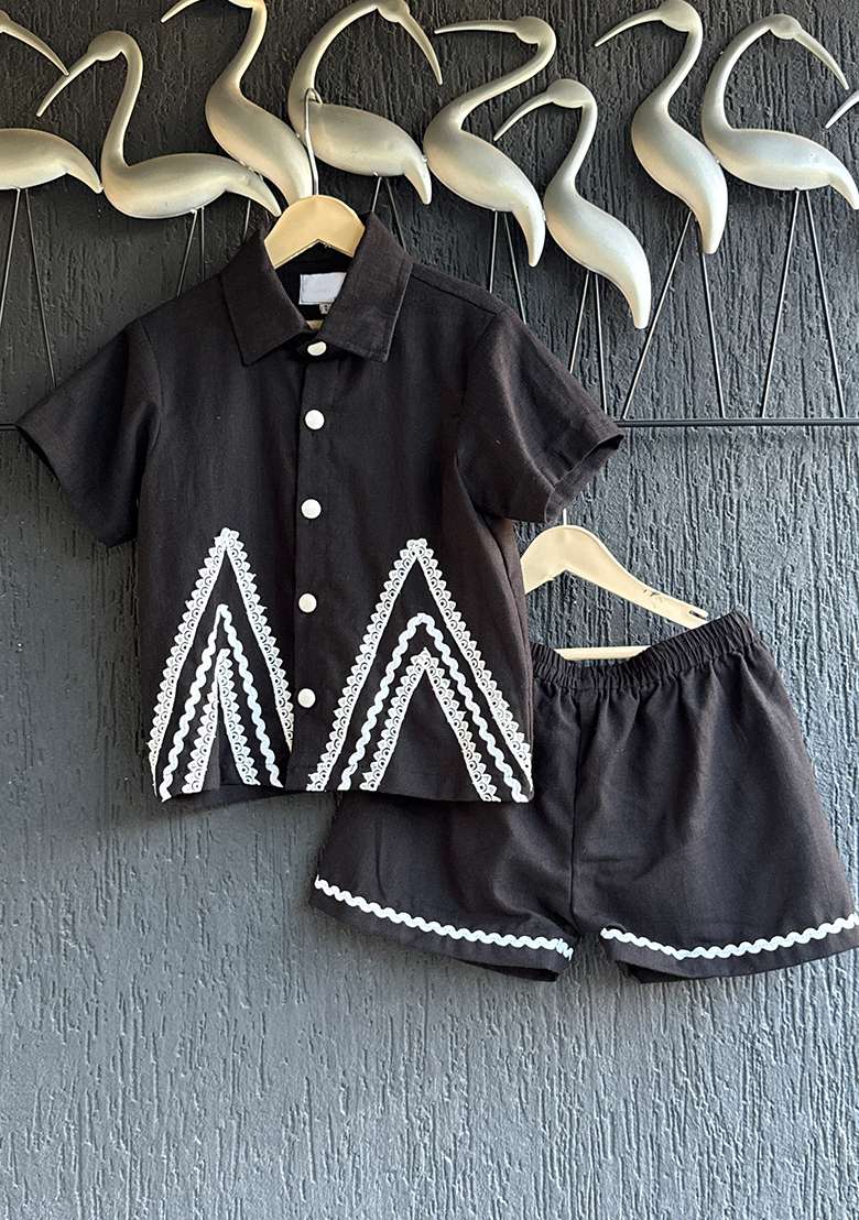 Black Slub Cotton Slub Co Ord Set For Boys - Indya