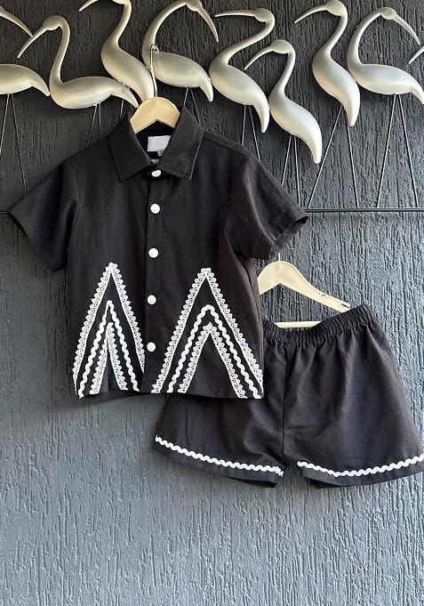 Black Slub Cotton Slub Co Ord Set For Boys