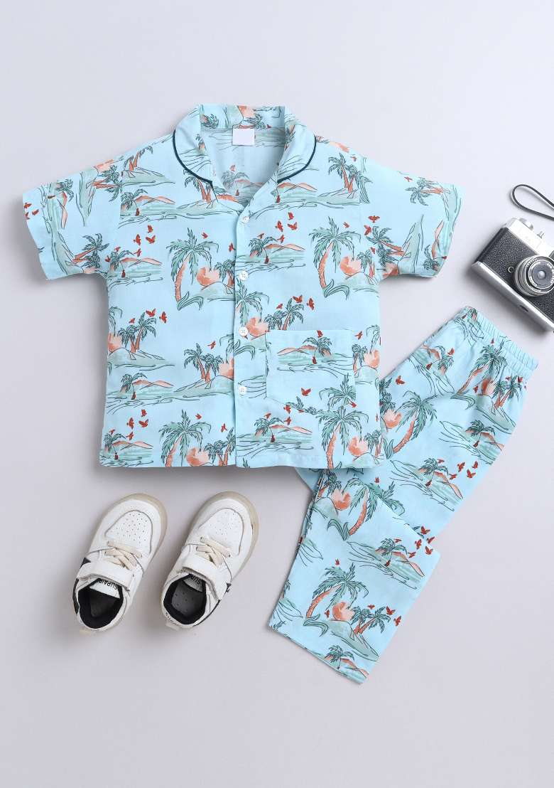 Blue Printed Cotton Shirt Pant Set For Boys - Indya