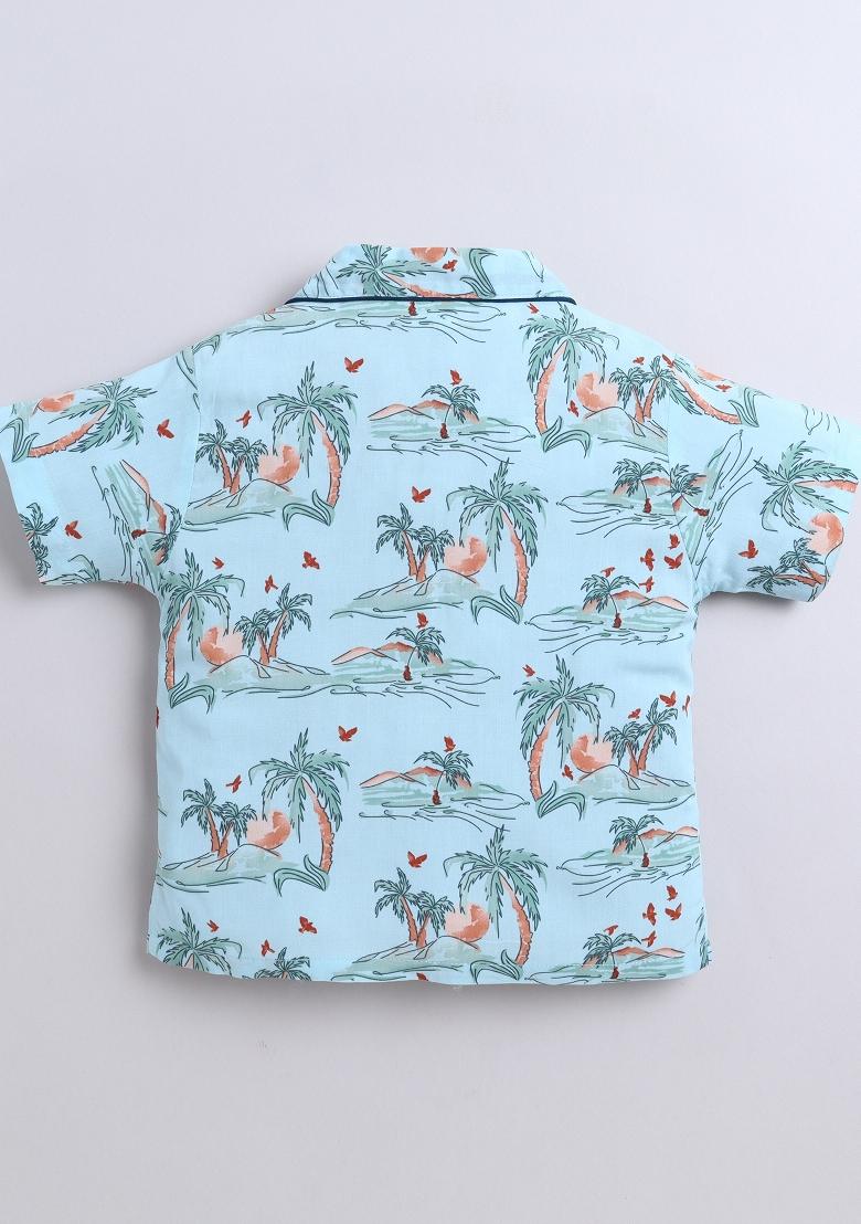 Blue Printed Cotton Shirt Pant Set For Boys - Indya