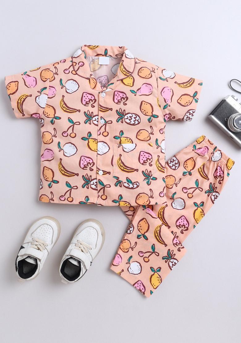 Peach Printed Cotton Shirt Pant Set For Boys - Indya