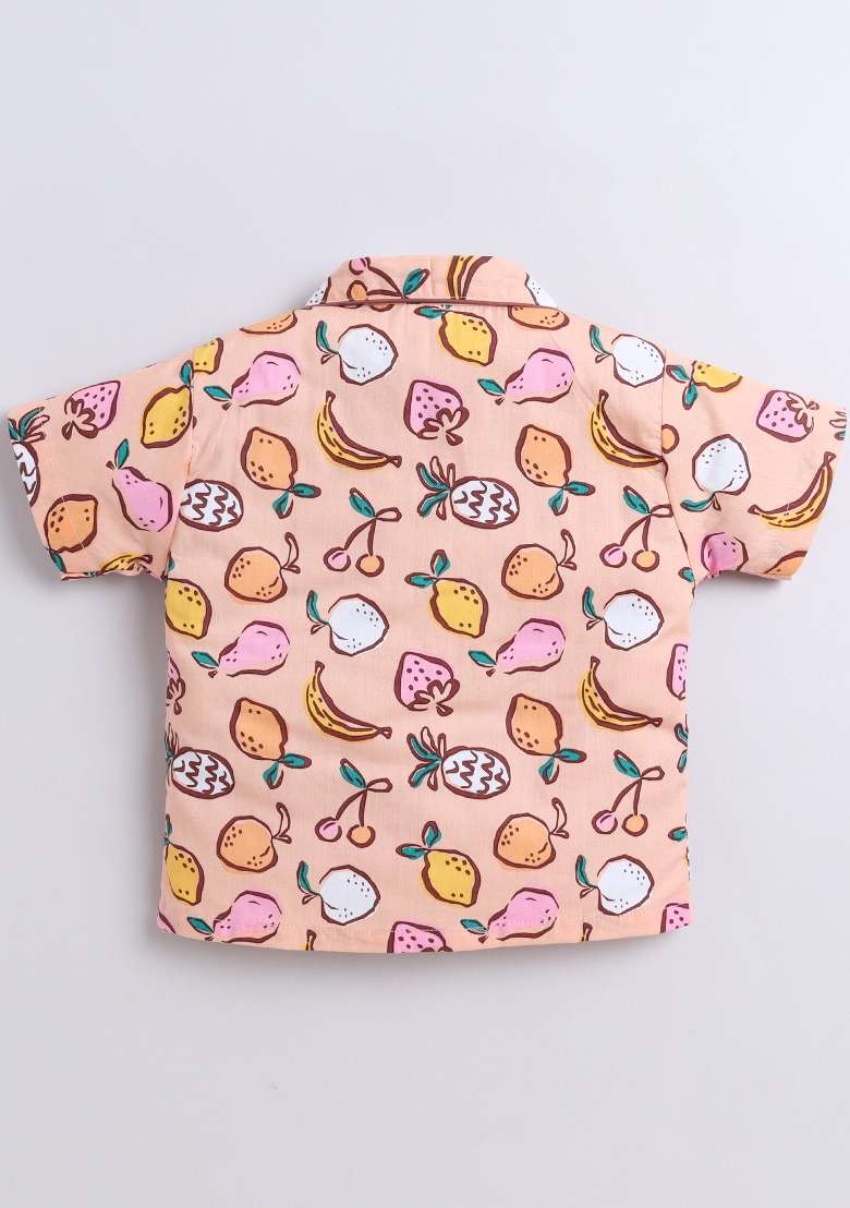Peach Printed Cotton Shirt Pant Set For Boys - Indya