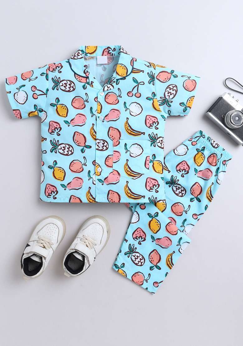 Blue Printed Cotton Shirt Pant Set For Boys - Indya