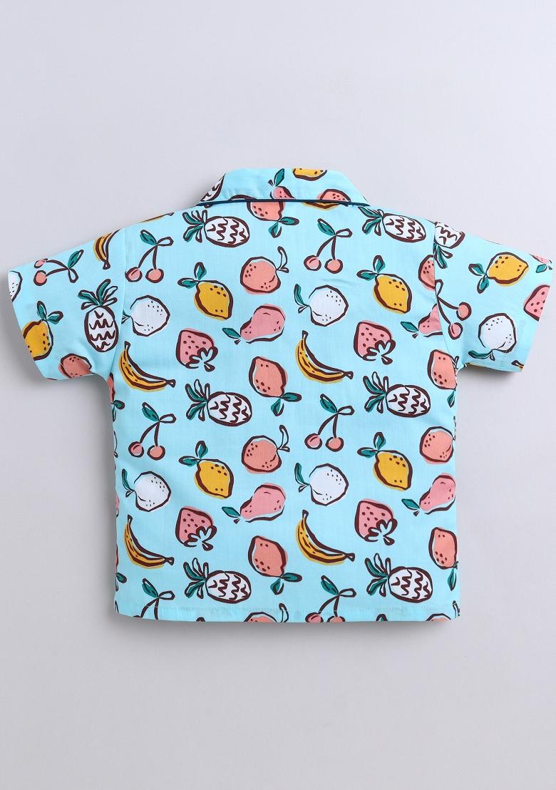 Blue Printed Cotton Shirt Pant Set For Boys - Indya