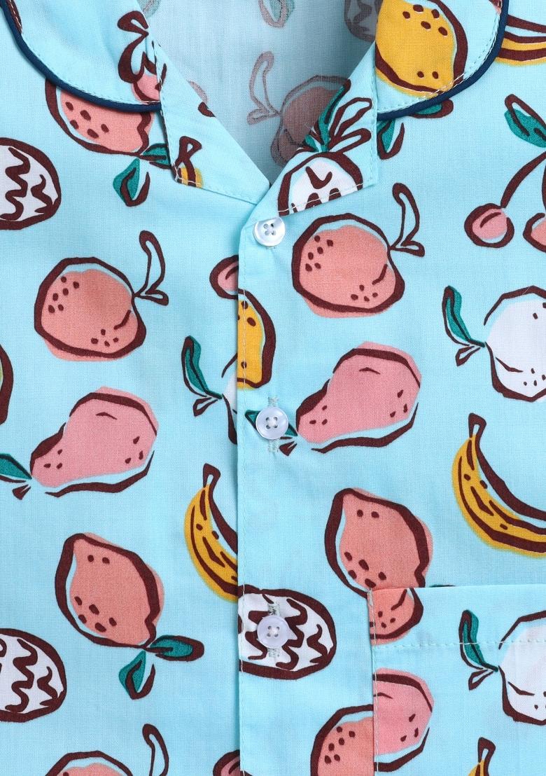 Blue Printed Cotton Shirt Pant Set For Boys - Indya