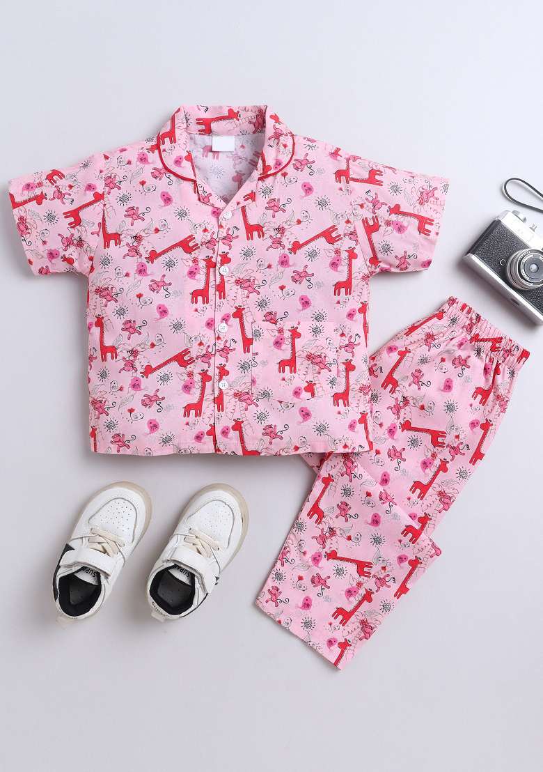 Pink Printed Cotton Shirt Pant Set For Boys - Indya