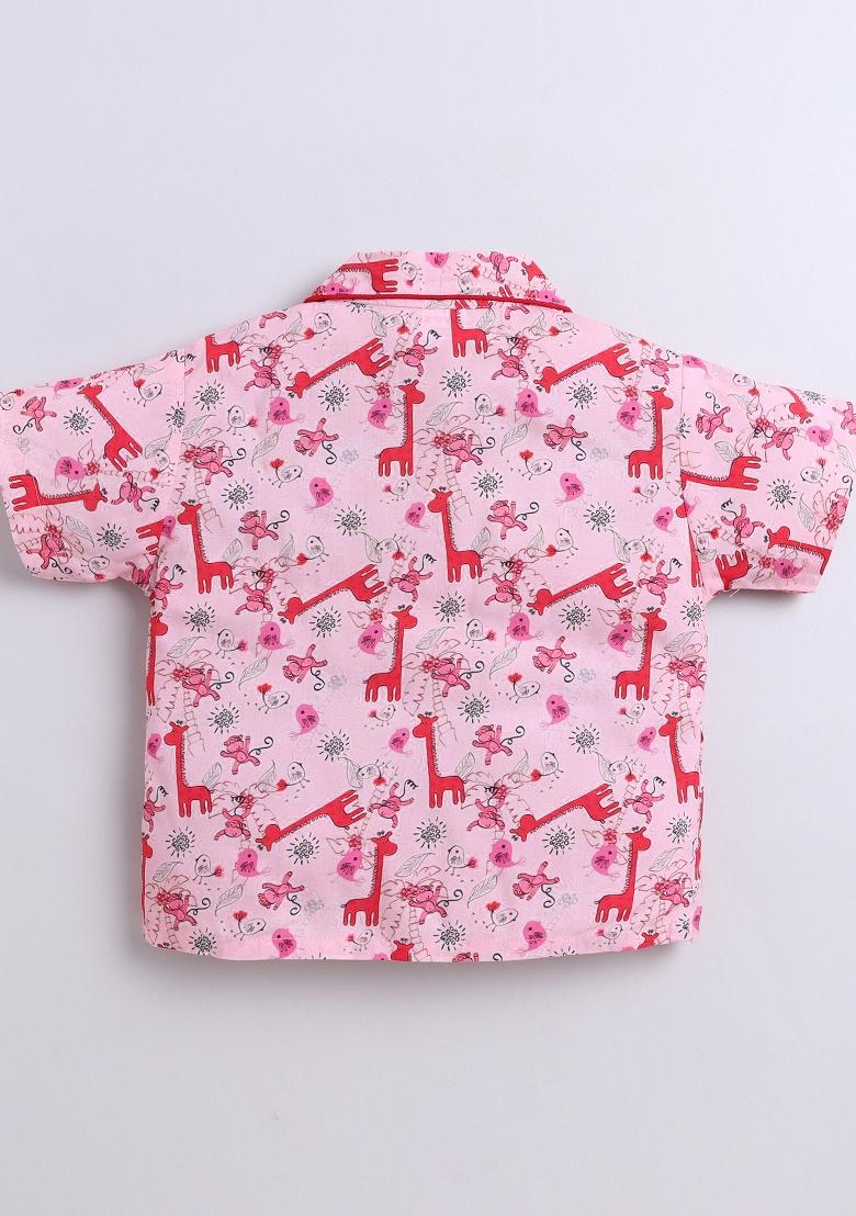 Pink Printed Cotton Shirt Pant Set For Boys - Indya