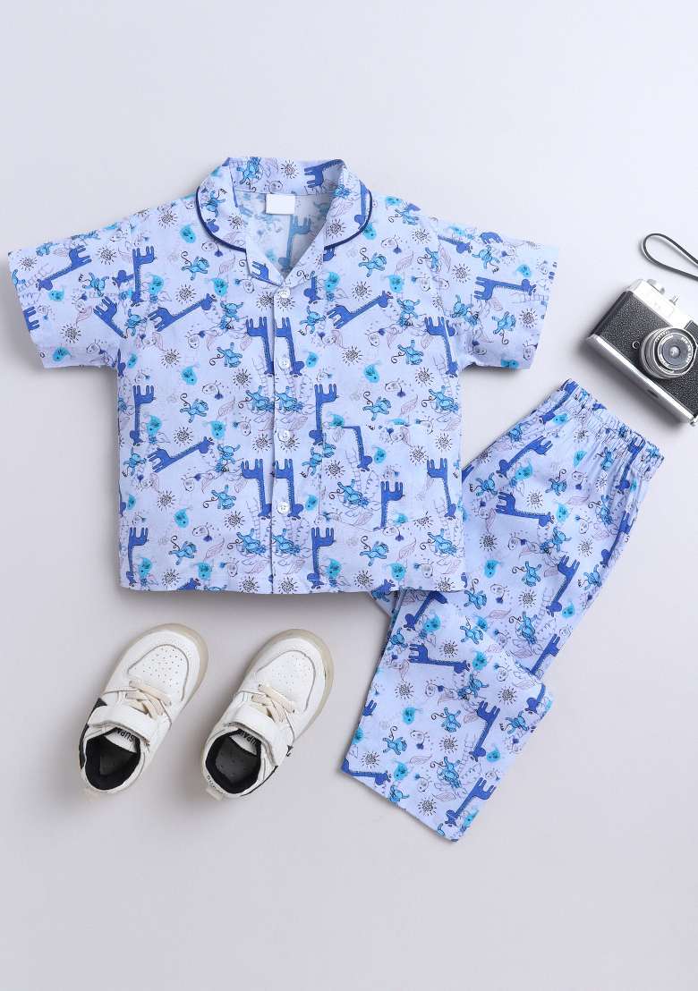 Blue Printed Cotton Shirt Pant Set For Boys - Indya