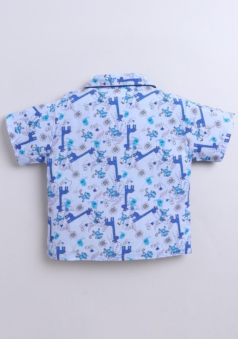 Blue Printed Cotton Shirt Pant Set For Boys - Indya