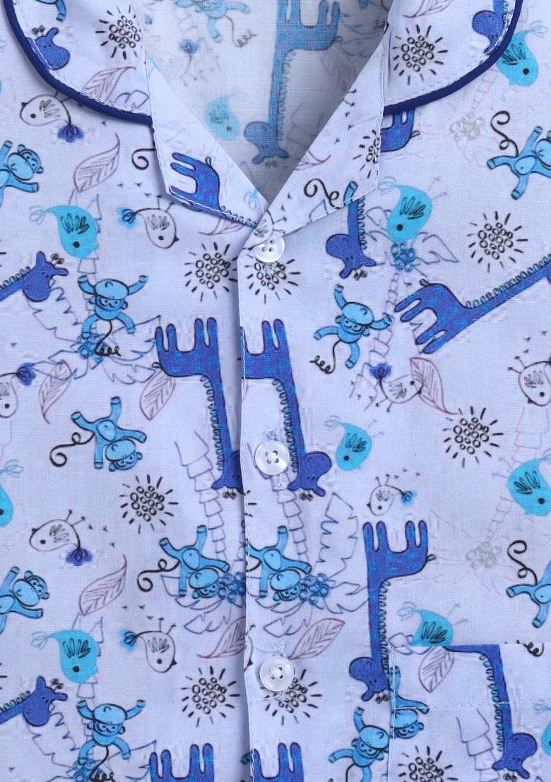 Blue Printed Cotton Shirt Pant Set For Boys - Indya