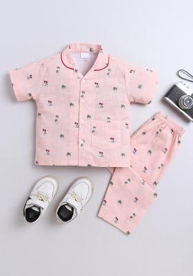 Peach Printed Cotton Shirt Pant Set For Boys
