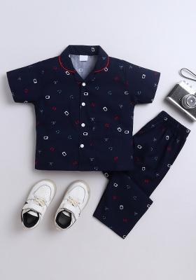 Navy Blue Printed Cotton Shirt Pant Set For Boys