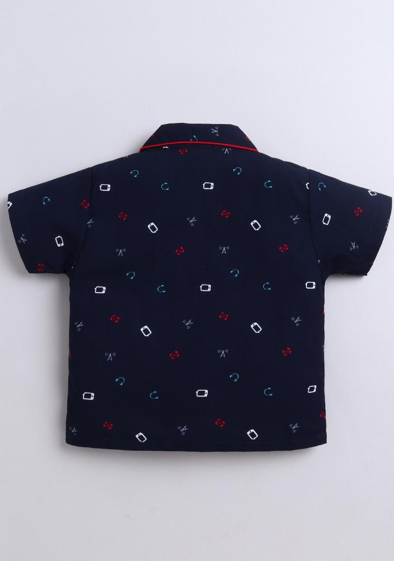 Navy Blue Printed Cotton Shirt Pant Set For Boys - Indya
