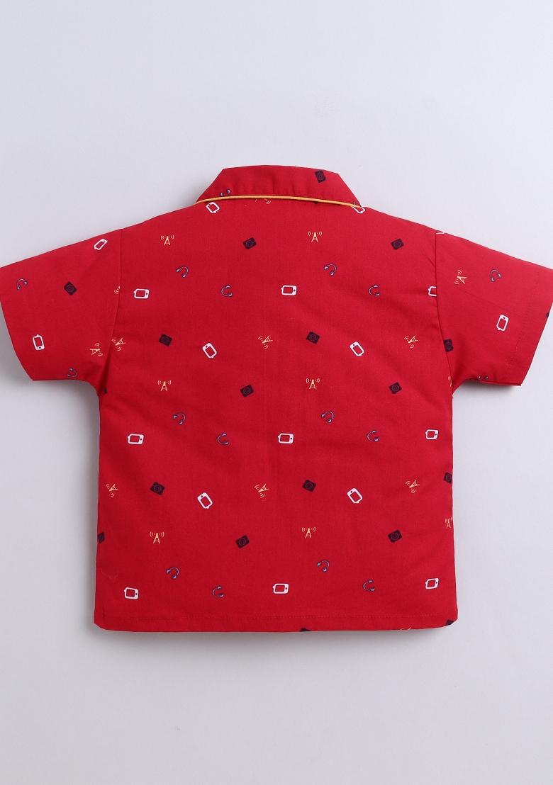 Maroon Printed Cotton Shirt Pant Set For Boys - Indya