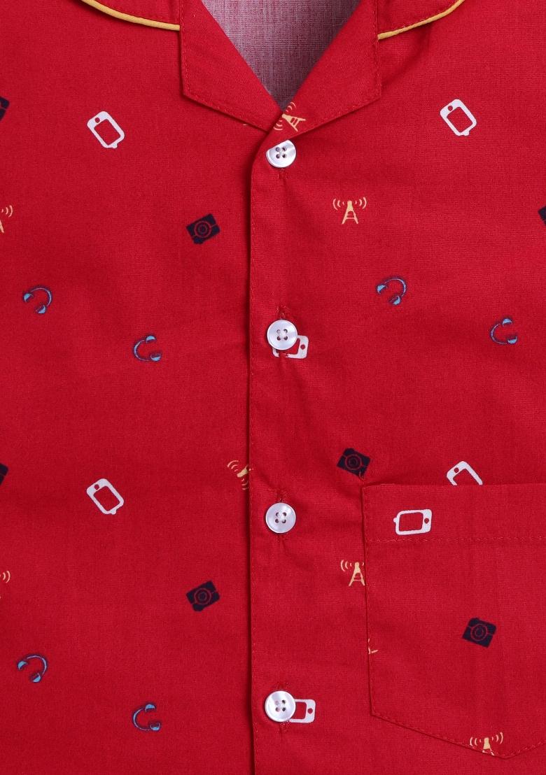 Maroon Printed Cotton Shirt Pant Set For Boys - Indya