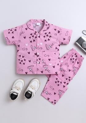 Pink Printed Cotton Shirt Pant Set For Boys