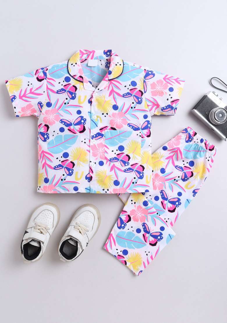 White Printed Cotton Shirt Pant Set For Boys - Indya