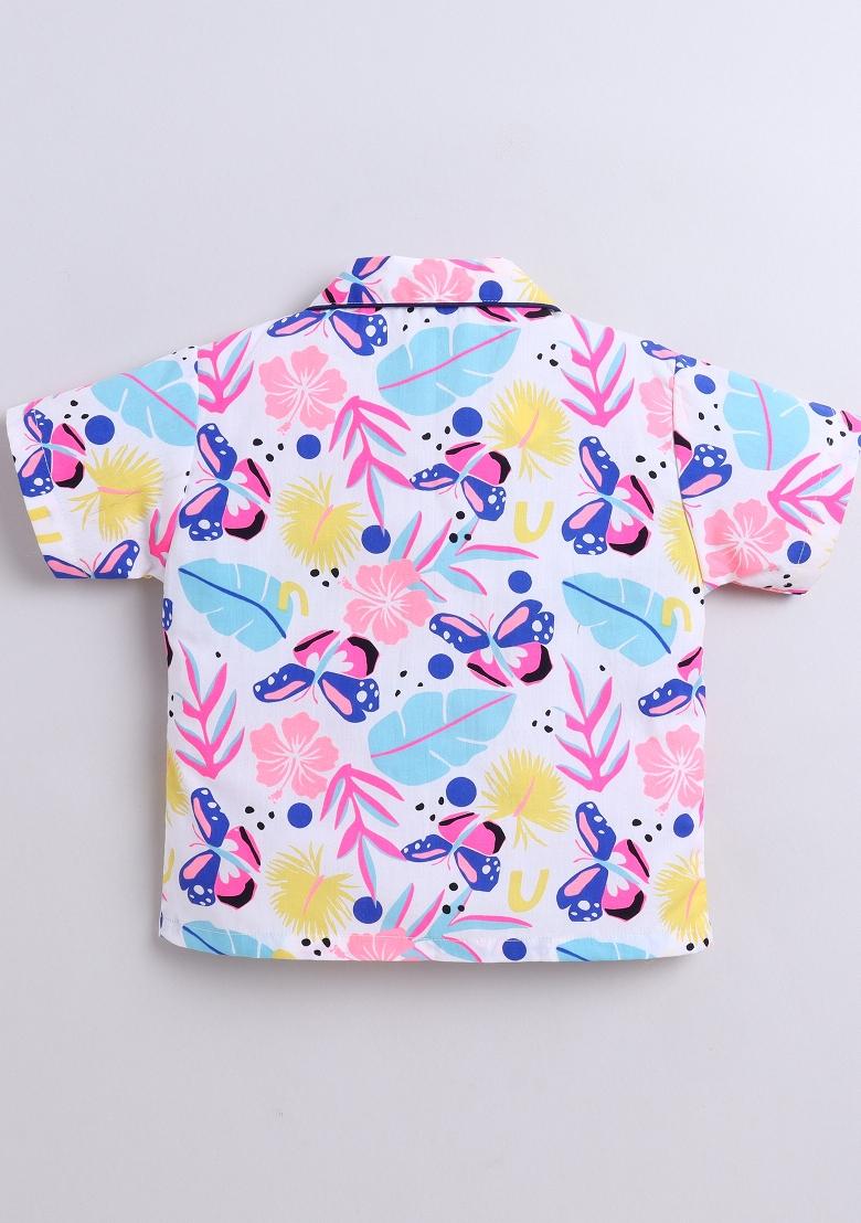 White Printed Cotton Shirt Pant Set For Boys - Indya