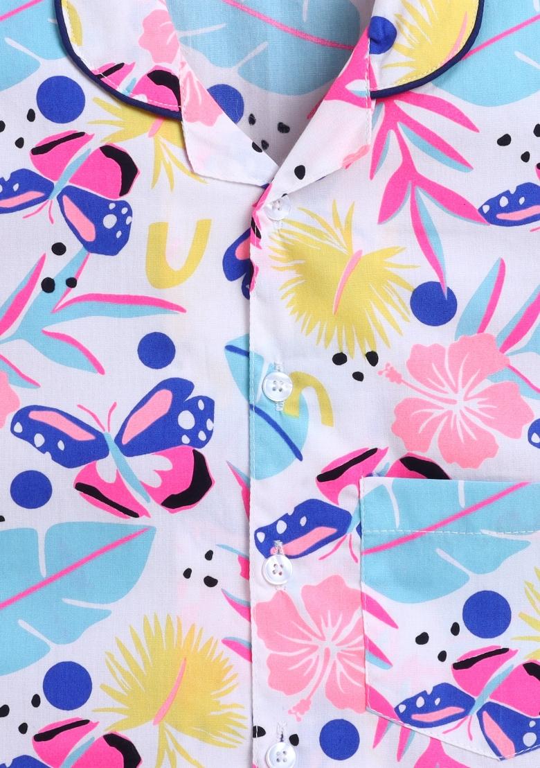 White Printed Cotton Shirt Pant Set For Boys - Indya